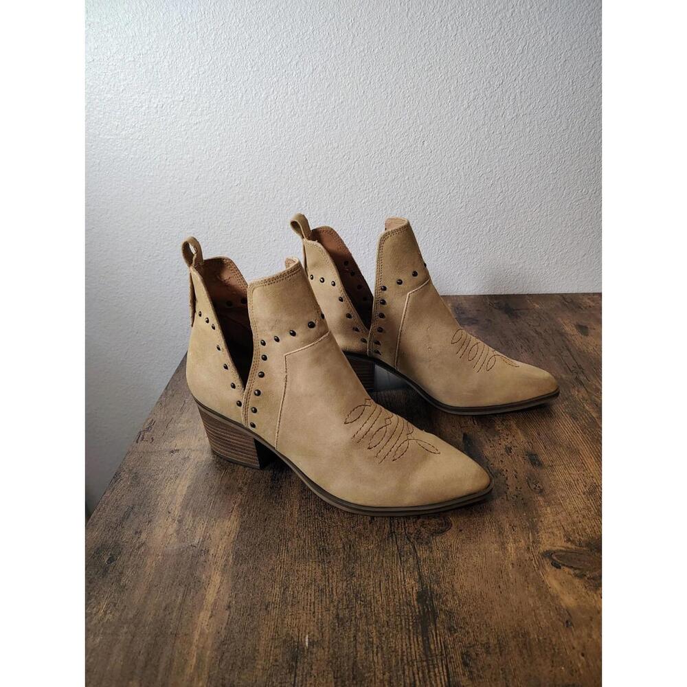 Low Tan Beige Cowboy Boots for Women Cowgirl Western Studed Almond Toe Slit Heel